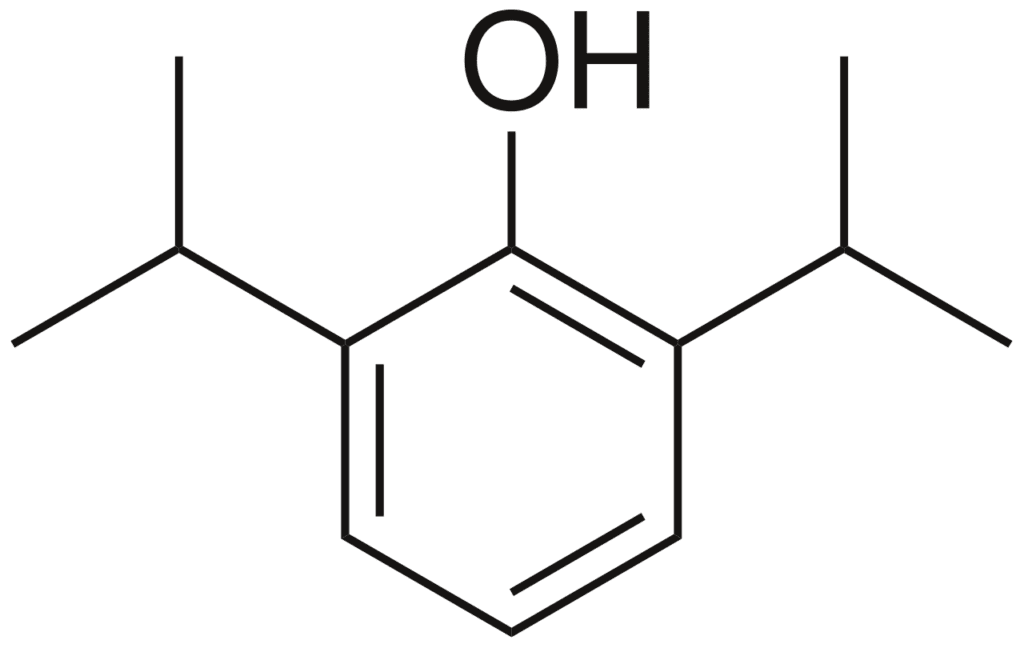 The chemical structure of Propofol, which is the active component of an intravenous anesthetic formulation used for induction and maintenance of general anesthesia. It is chemically termed 2,6-diisopropylphenol. The formulation was approved under the brand name Diprivan. 