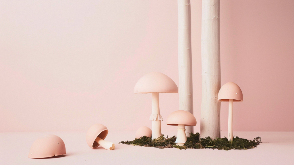 Psilocybin mushrooms in a serene faux forest environment in a pink room